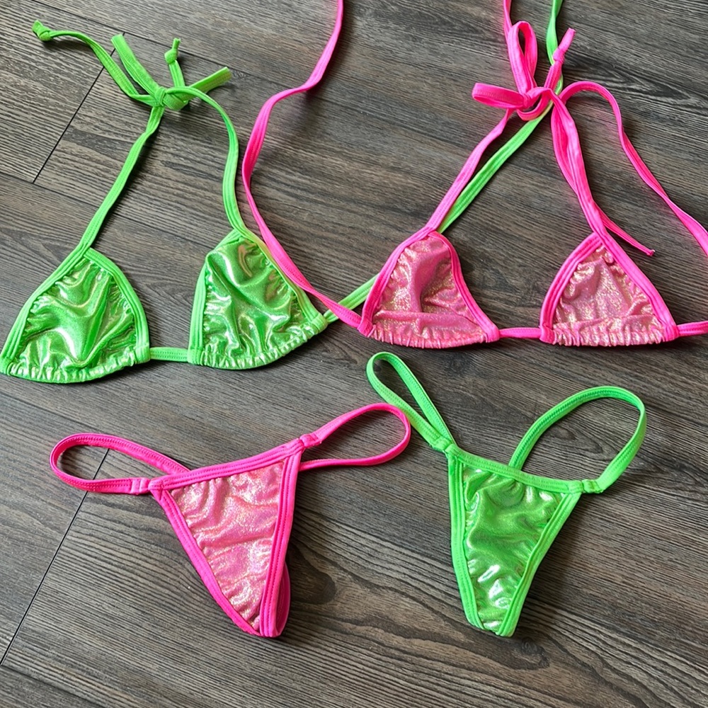 Lot of 2 pink green metallic pearl bikinis stripper new bikini one size dancer
